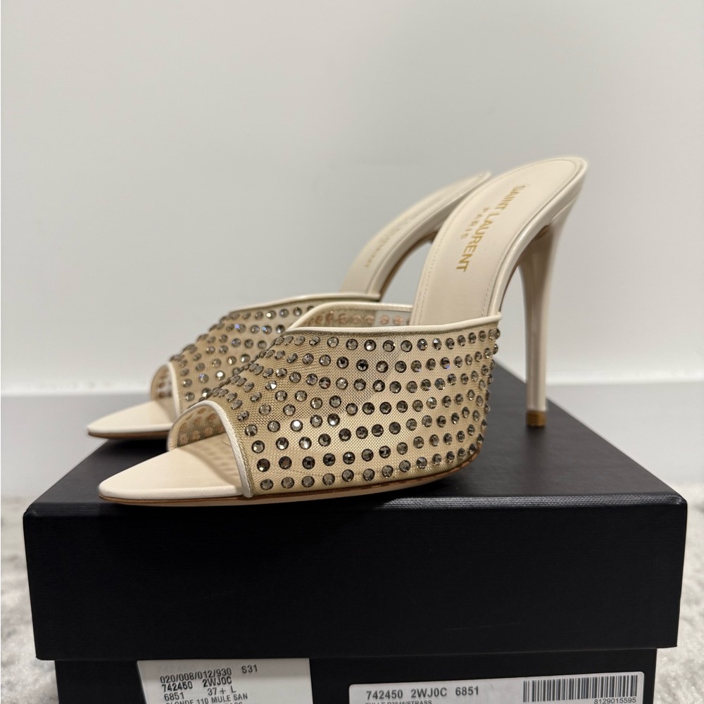 Saint Laurent Gippy Heeled Mule Leather Mesh Crystal 110
